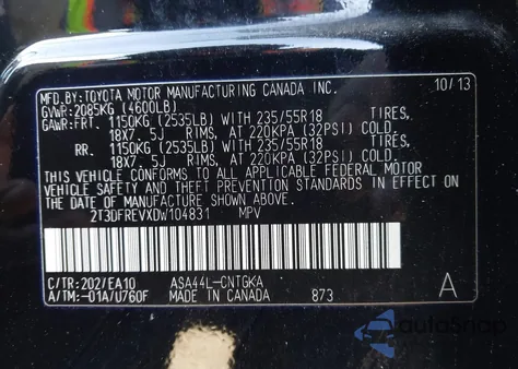 2013 Toyota Rav4 Limited from USA, damaged, VIN 2T3DFREVXDW104831